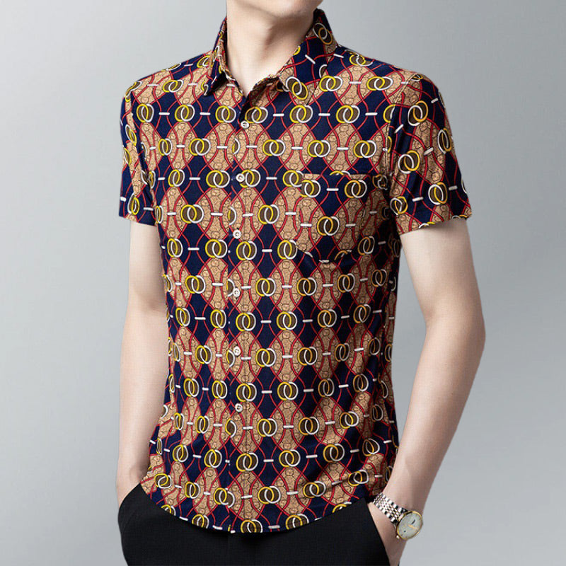 👑Men's fashion printing lapel short-sleeved shirt
