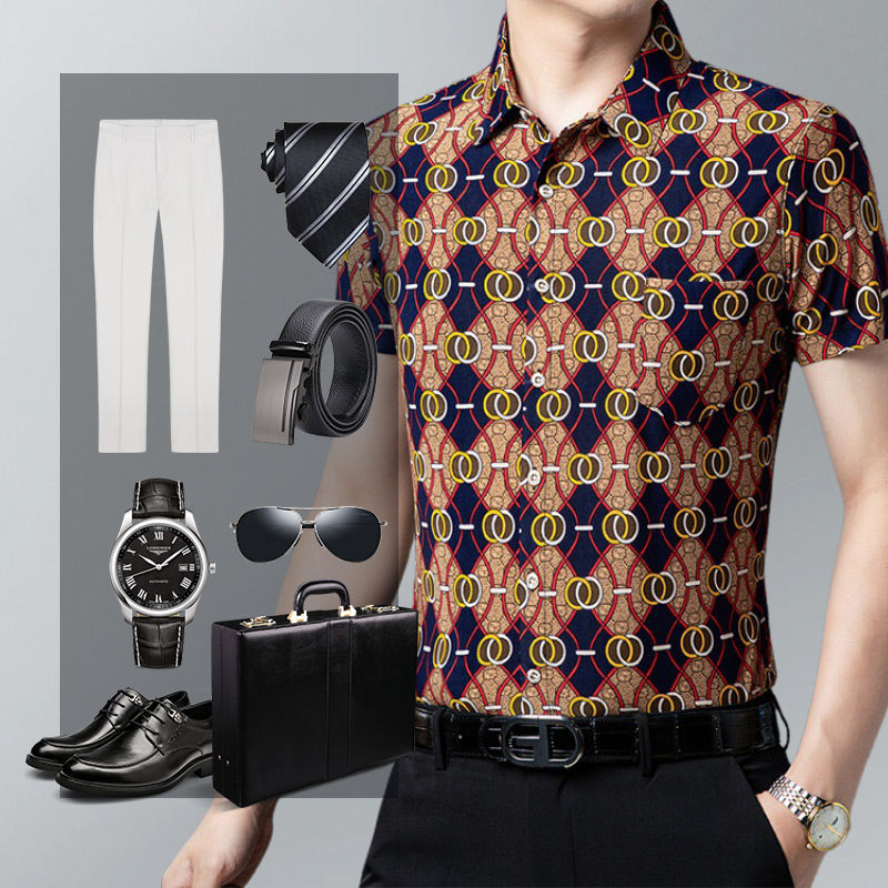 👑Men's fashion printing lapel short-sleeved shirt